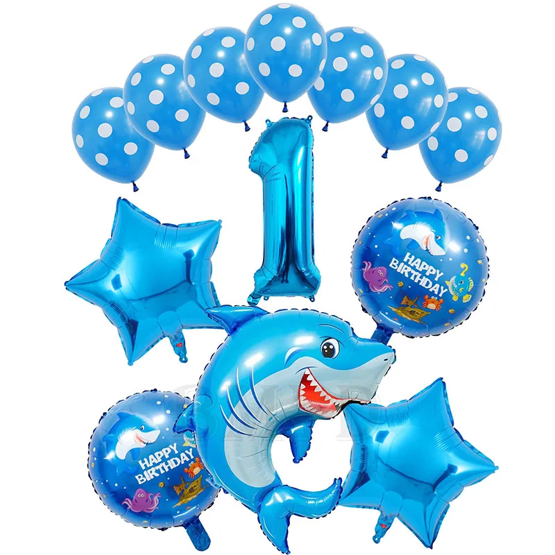 

New Ocean Shark Dolphin Animal Foil Balloons Blue Number Theme Birthday Party Decoration Boys Girls 1Year Baby Shower Toys Gift
