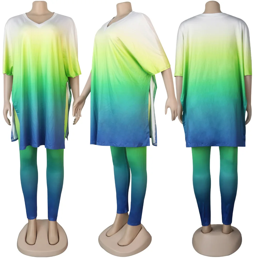 Plus Size Matching Set Tie Dye Long Shirt Top And Pant Female Casual Outfit Luxury Fashion Cloth 2023 Summer Women Two Piece Set