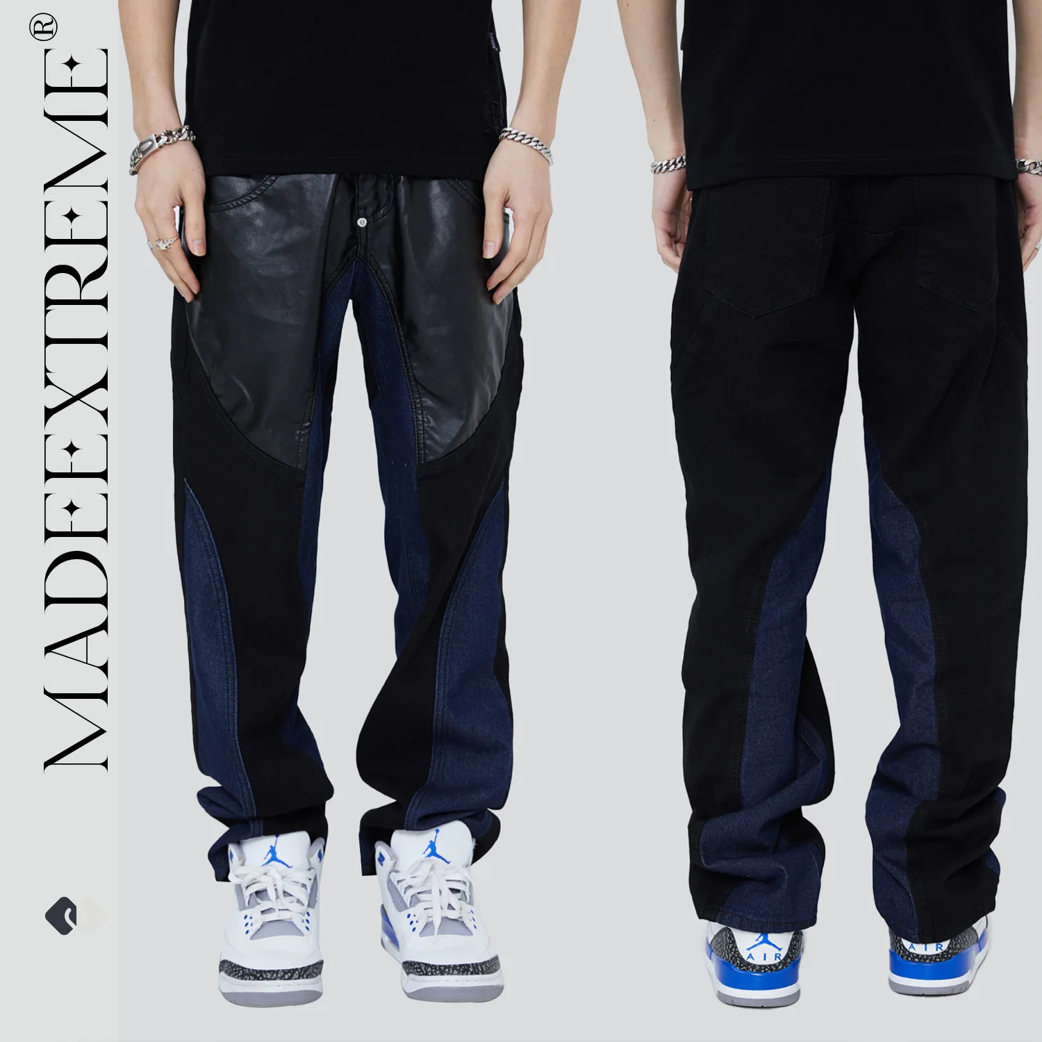 MADE EXTREME Patchwork leather PU jeans high street men designer jeans baggy jeans denim jeans for men y2k jeans men