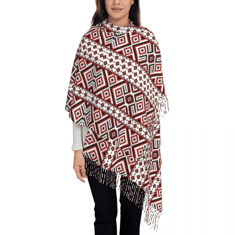 

Ladies Large Ukraine Ukrainian Embroidery Red And Black Scarves Winter Soft Warm Tassel Shawl Wraps Bohemian Geometric Scarf