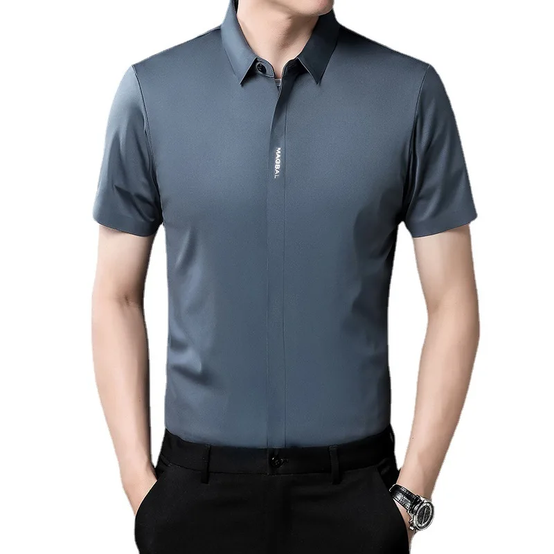 Ice Silk Seamless Short-sleeved Shirt Men's Business Casual Hidden Button Men's Shirt Youth 2022 New Solid Color Shirt Men