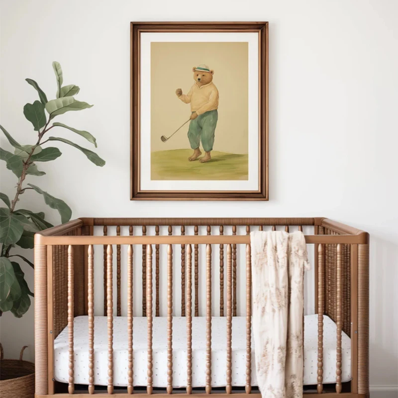 Акварель милый спортивный плюшевый мишка рыбалка гольф мультяшный постер холст