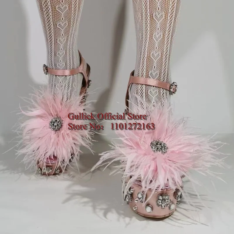 Pink Satin Fur Crystal Chunky Heel Sanals Metal Studded Rhinestone String Bead Ankle Strap Platform Summer Wedding Shoes