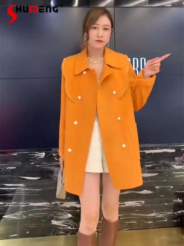 

High-End Elegant Orange Reversible Cashmere Woolen Coat Women's 2022 Autumn and Winter New Mid-length Coats and Jackets Women