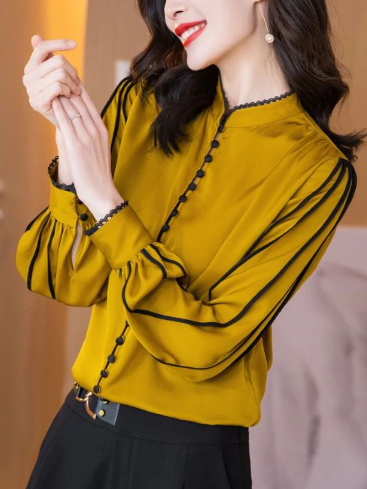 

Solid Color Heavyweight Imitation Silk Shirt Women's Long Sleeve Spring Dress 2023 New Design Sensible Satin Imitation Silk Top