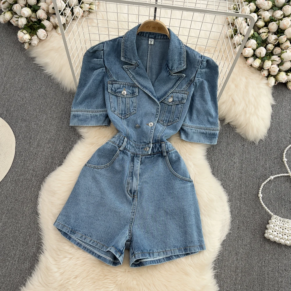 

Amolapha Women's Playsuits Notched Short Sleeve Single Breasted Overall Jeans Rompers Female High Waist Denim Jumpsuits