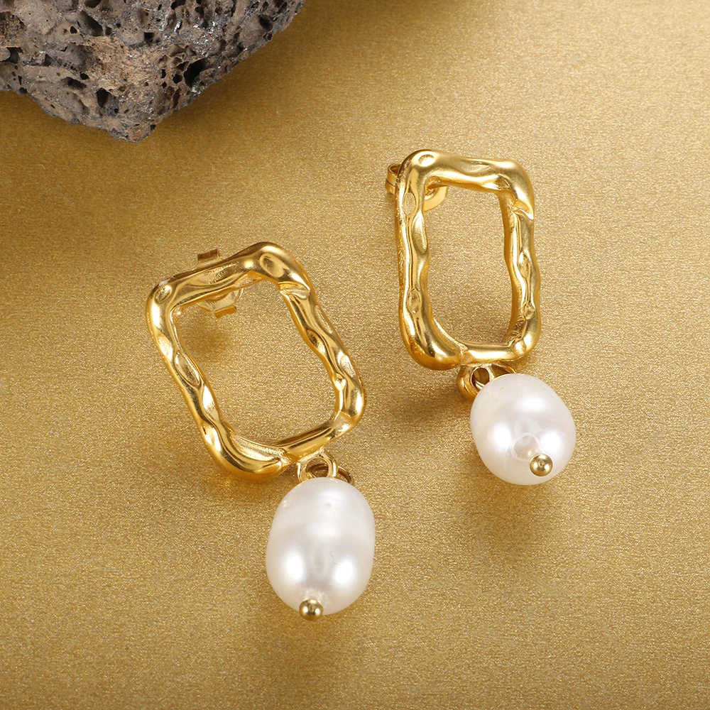 

Stainless Steel Irregular Geometric Freshwater Pearl Drop Earrings For Women Trendy Long Stud Earrings Jewelry Set