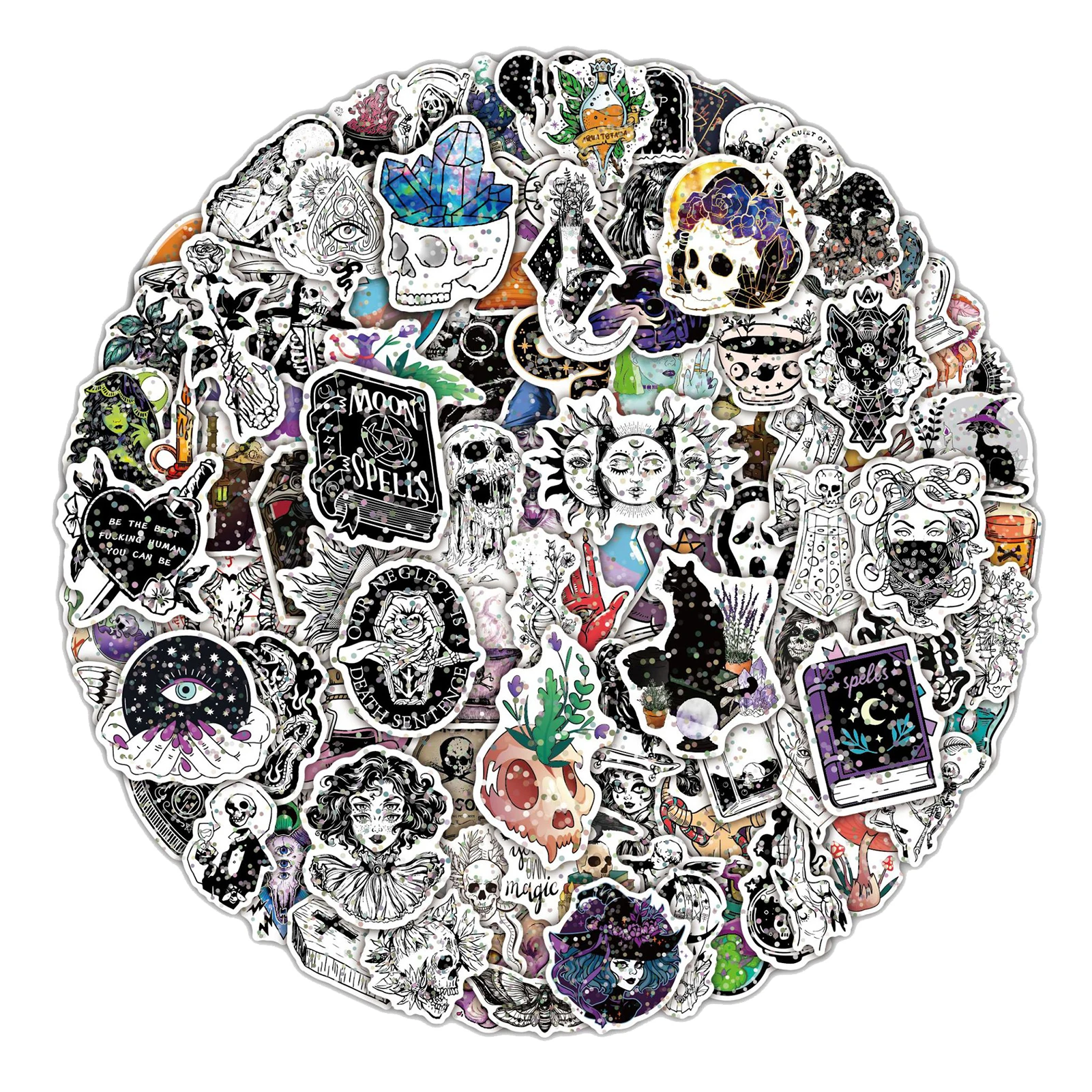 

100pcs Witch Stickers Vintage Water Bottle Black White Glitter Skull Gothic Adults Kids Tarot Cards Teens Aesthetics Luggage PVC