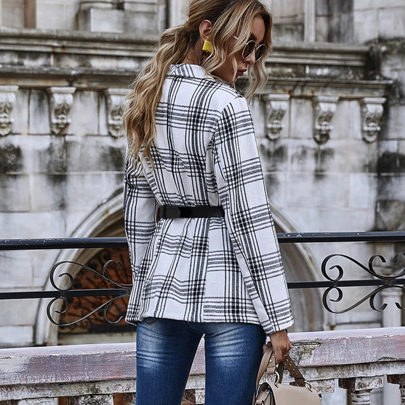 Fashion Elegant Slim Check Plaid Blazer Spring and Autumn Double-breasted Lapel Collar Long Sleeve Casual Office Lady (No Belt)