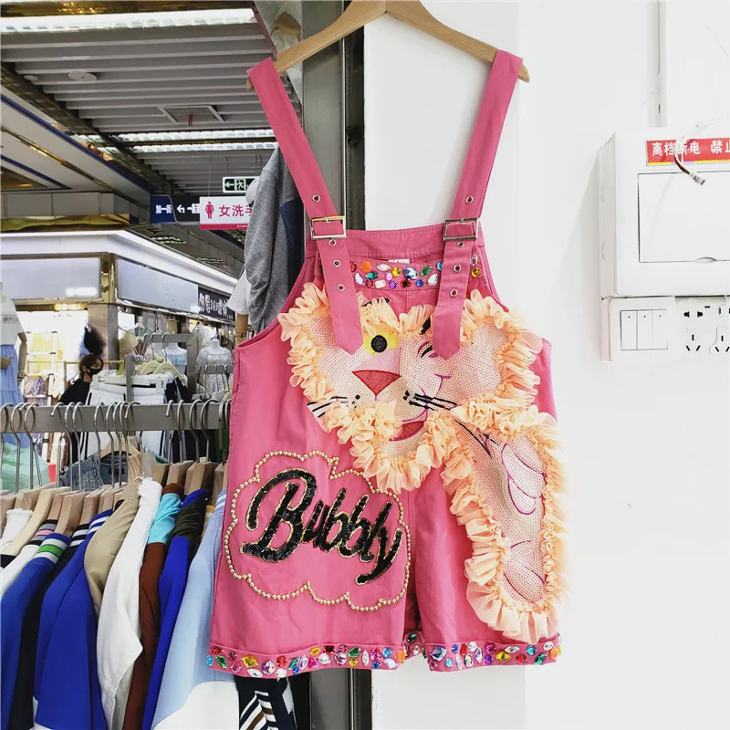 

Fashion Age Reduction Cute Denim Suspenders New Summer Pink Overalls Mesh Patchwork Sequins Cartoon Loose Wide Leg Jean Shorts