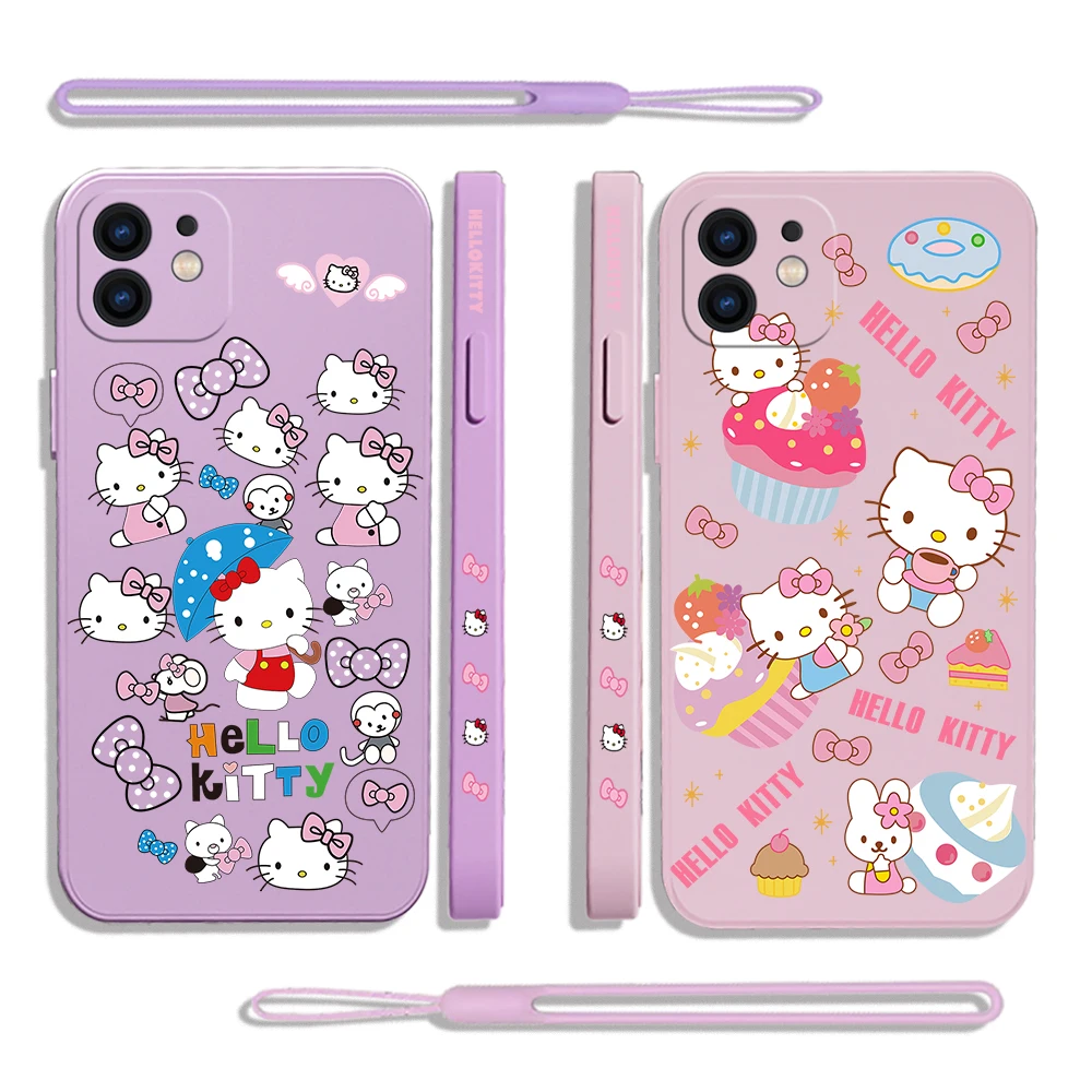 

Sanrio hello kitty Phone Case For iPhone 14 13 12 11 Pro Max Mini X XR XS MAX SE20 8 7 Plus 6 6S Silicone Cases with Hand Strap