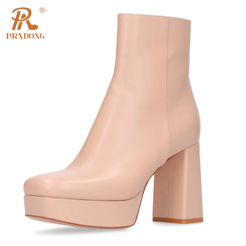 

PRXDONG New Brand Autumn Winter Warm Ankle Boots For Women Chunky High Heels Platform Square Toe Black Apricot Dress Party Shoes