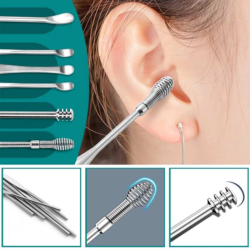 

6Pcs/Set Stainless Steel Ear cleaner Wax Removal Tool Ear Pick Digging Artifact Cleaning Spoon Ear Protector Health Care