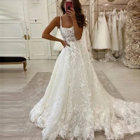 elegant applique lace boho wedding dresses sexy backless tulle bridal gown spaghetti straps sweeptrain for woman robe de mari%c3%a9e