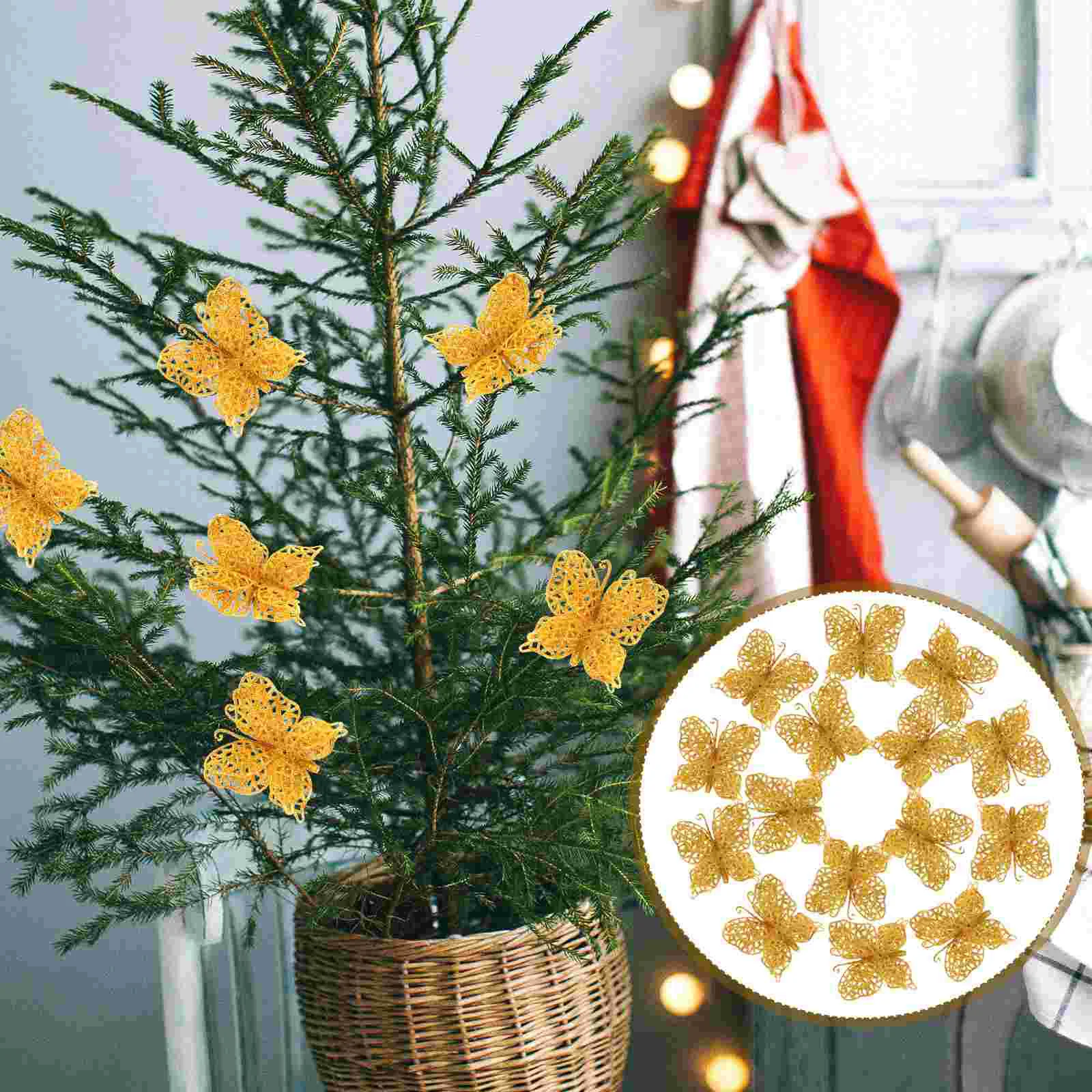 

24 Pcs Christmas Gold Butterfly Ornaments Party Decor Artificial Butterflies Decorative Plastic Tree