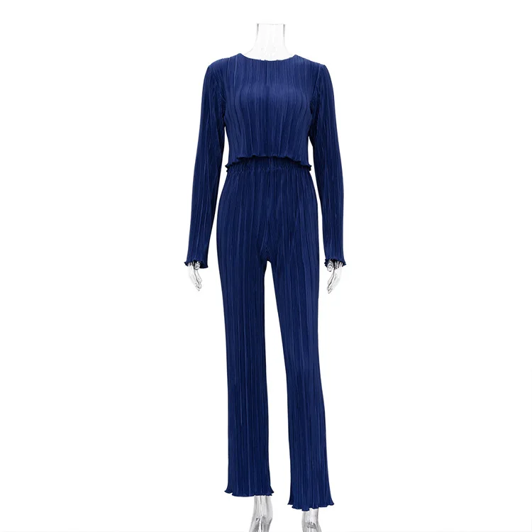 

2022 Early Autumn New Style Small Fragrance Long-sleeved T-shirt Two-piece Slim Blue Pleated Wide-leg Pants Suit