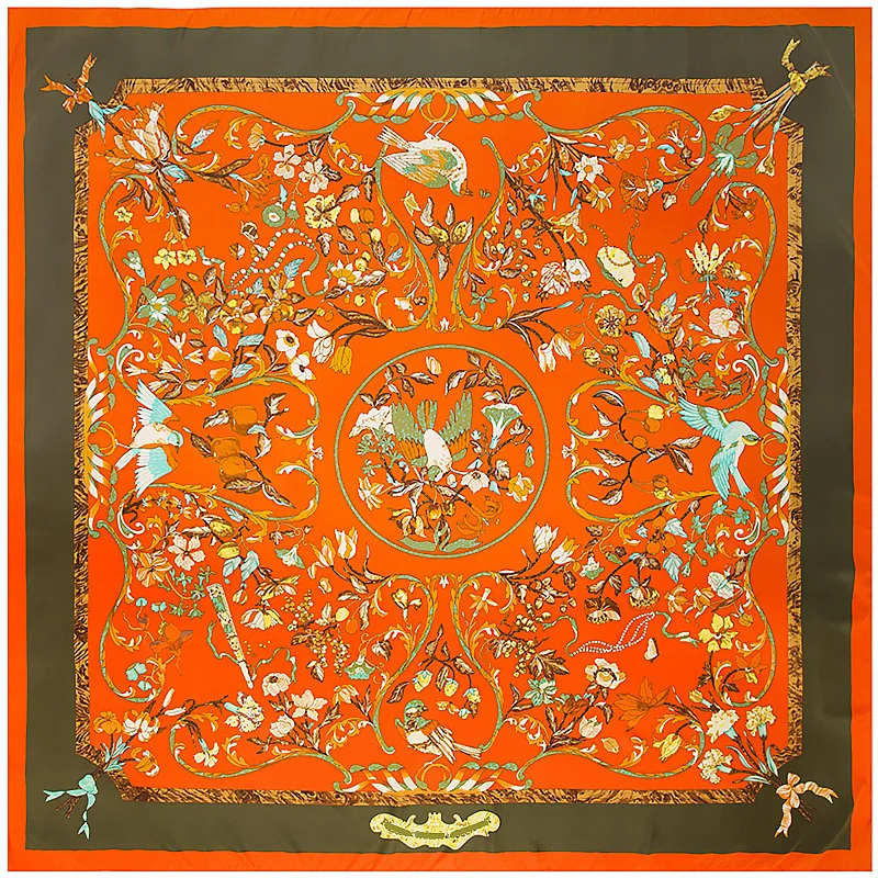 

100% Silk Scarf Women Female New Design Bird Flowers Printed Shawl Warps Silk Foulard Square Scarves Luxury Brand Hijab
