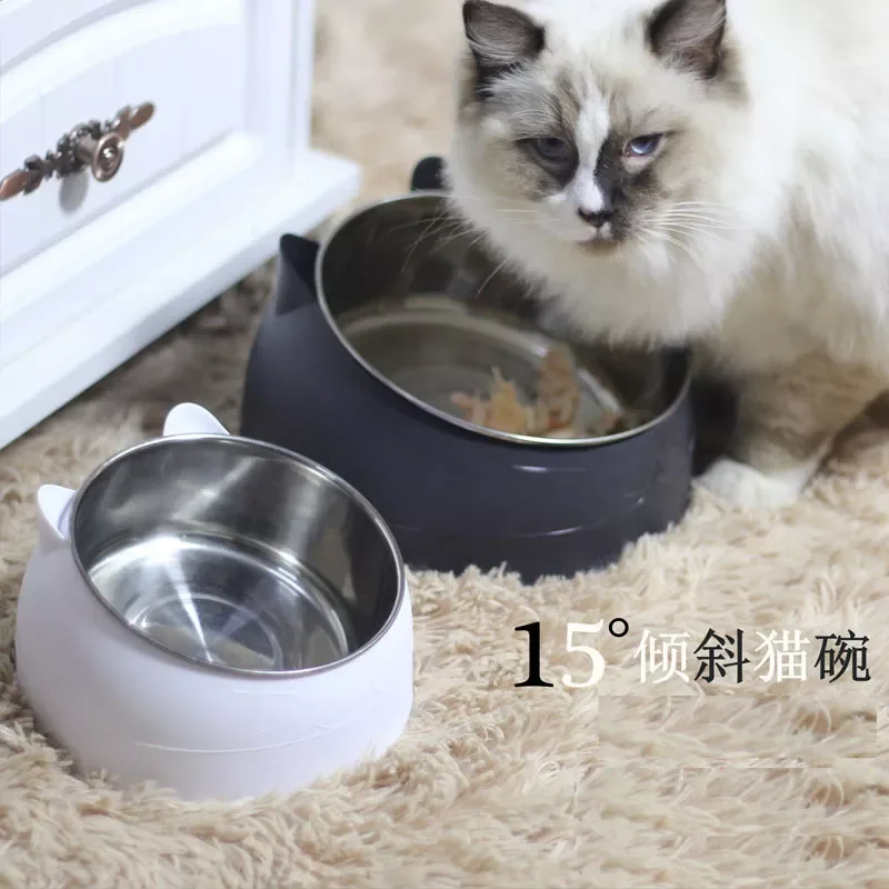 

400ml Cat Bowls 15 Degrees Tilted Stainless Steel Bowl Non-slip Base Puppy Pet Food Drink Feeder Neck Protection Dish Bowl