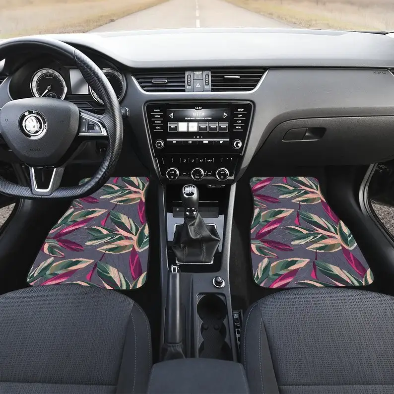 

Beige Pink Leaves Floral Flowers Car Floor Mats Set, Front and Back Floor Mats for Car, Car Accessories