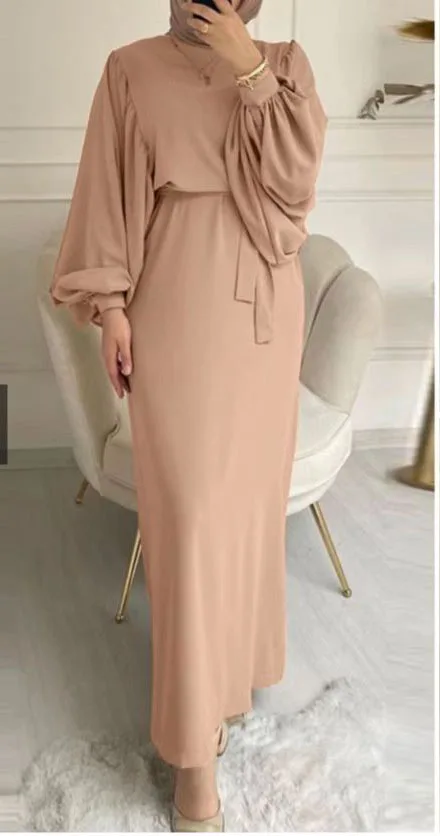 Maxi Dubai Abaya Robes Elegant Muslim Dress for Women Fashion Belted Party Solid Long Sleeve Turkey Plain Islamic  جلابيه نسائية