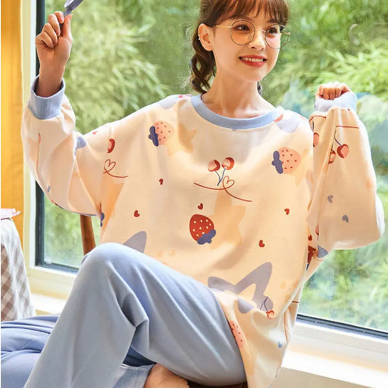 Wholesale Pajamas Sets Spring Carton women Long Sleeve Sleepwear Suit Autumn Cute Big Girls Homewear Gift for female Sleepwear