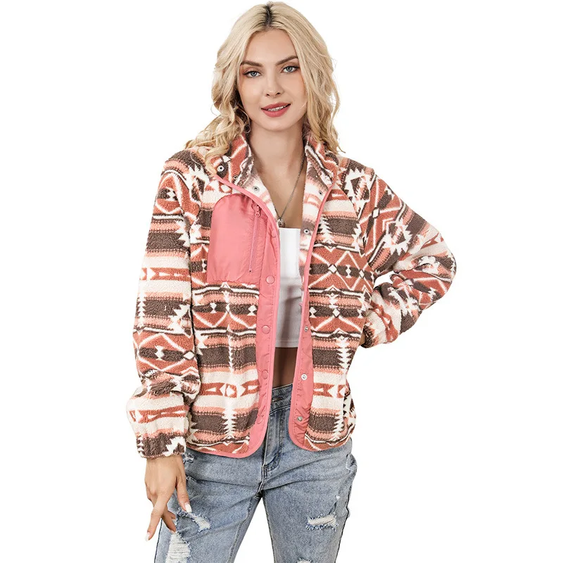 

Autumn and winter clothes color matching button lamb fleece jacket thick coat women