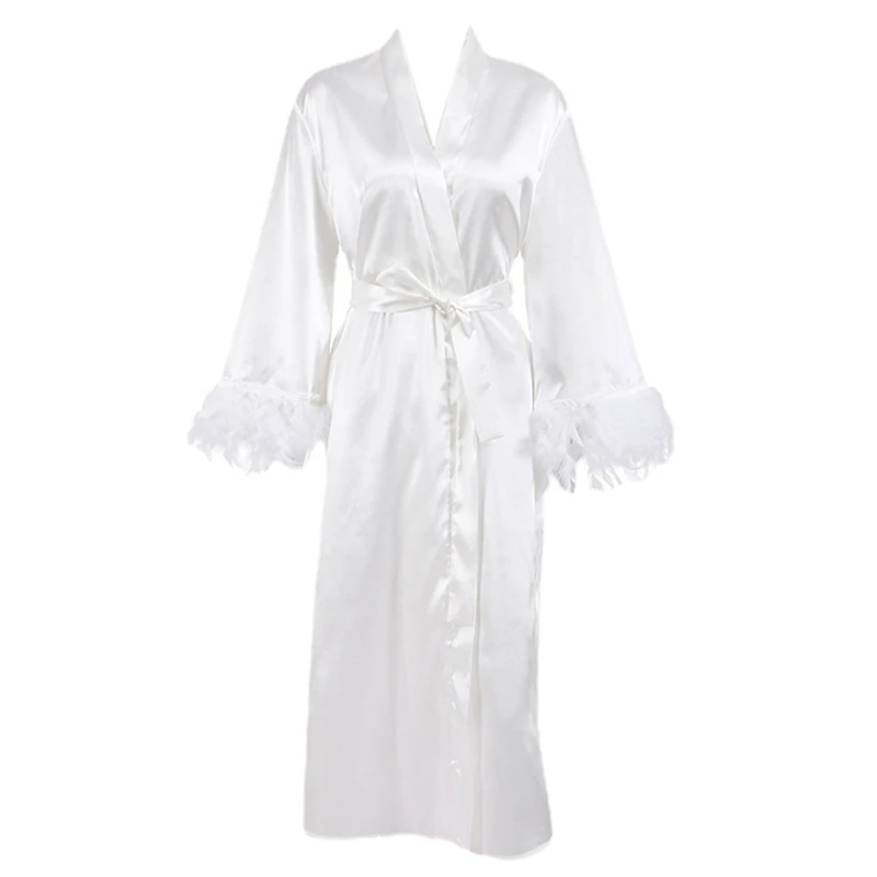

649D Women's Satin Robe Silk Kimono Bathrobe for Bride Bridesmaids Wedding Party Loungewear Feather Cuff Robe