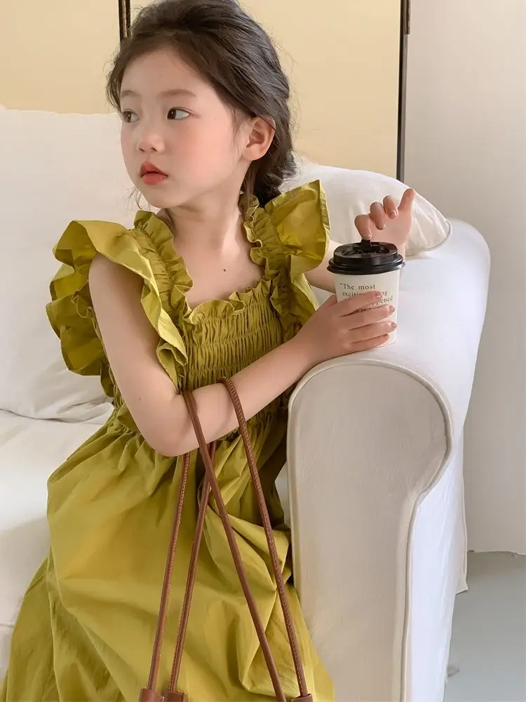 

Girls Casual Dresses Korean Summer Season Flying Sleeve Princess Style Loose Sweet Personality Vintage Pleated Solid Versatile