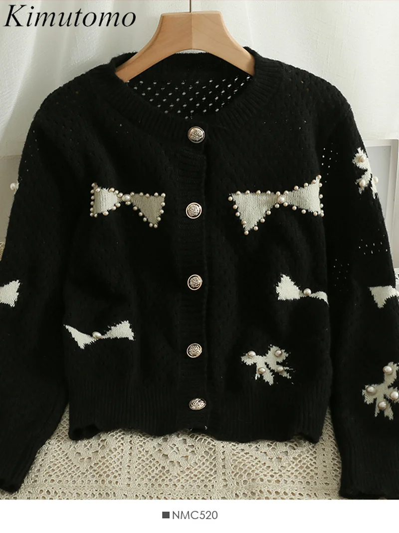 

Kimutomo элегантный свободный свитер с вышивкой бисером и бантом Женский Мягкий Универсальный вязаный кардиган с круглым вырезом с одной грудь...