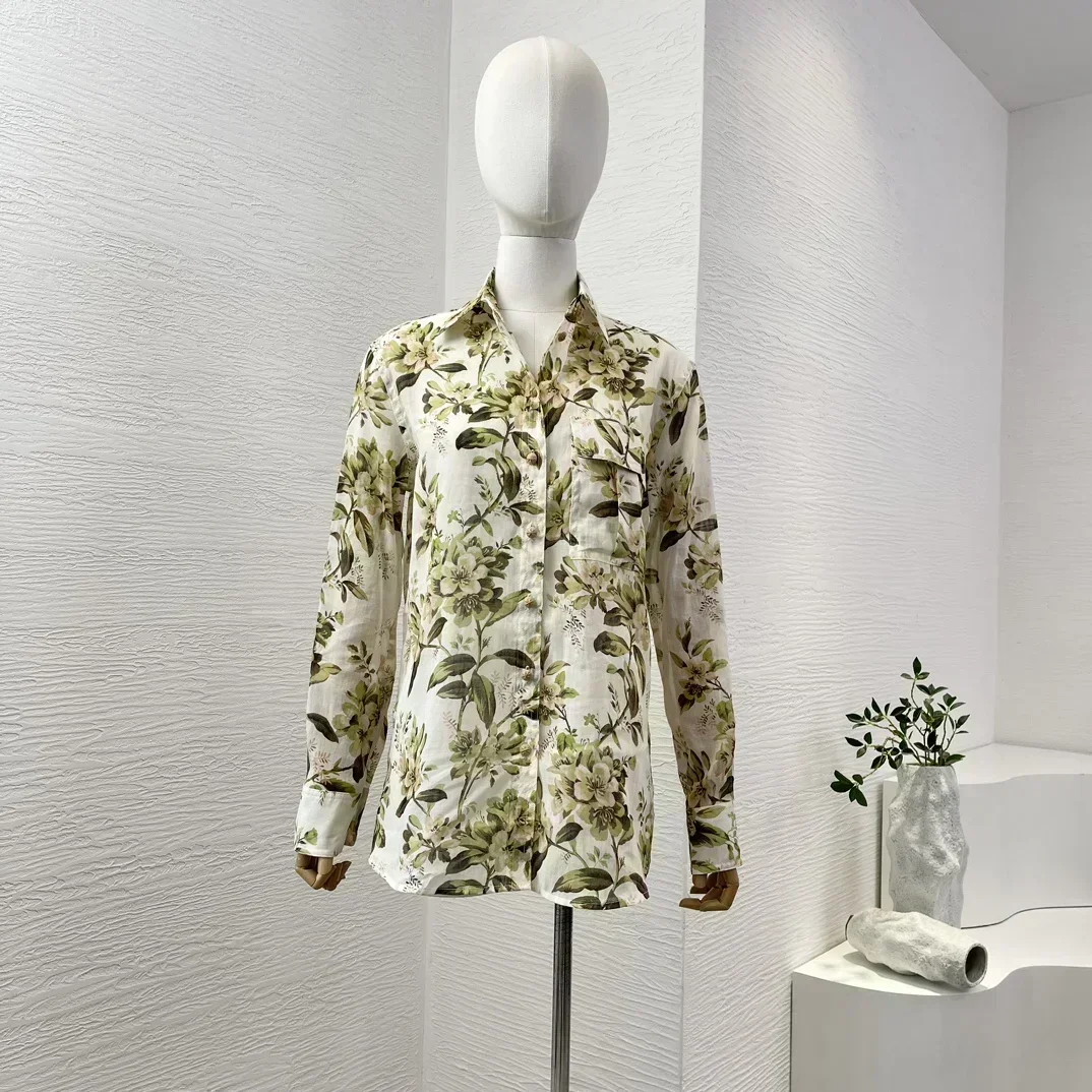 2024 New Collection White Green Floral Leaf Print Long Sleeve Turn Down Collar Blouse Tops and Wide Leg Pants Set for Holiday