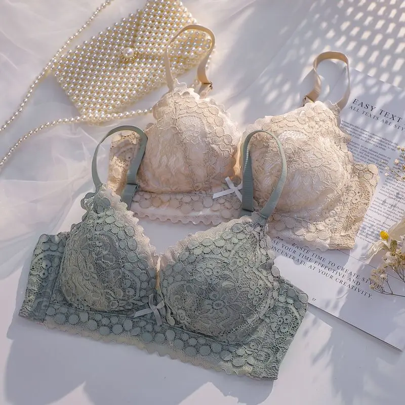 

New lingerie women small chest push up bra set thickened non-underwire adjustable sexy lace bra panties set