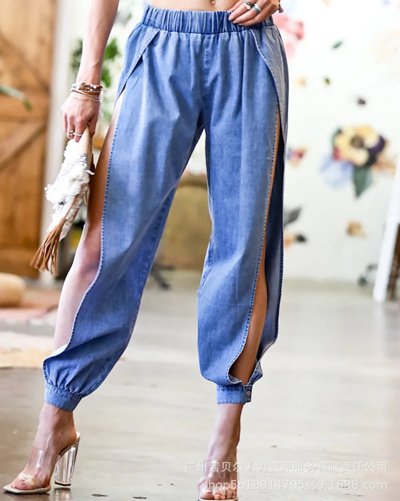 

Spring Summer Pencil Pants Trousers Casual Button Design High Waist Slit Leg Jeans Women Fashion Hollow Out Elastic