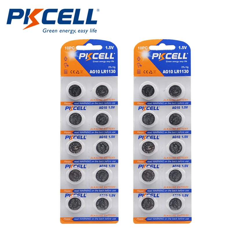 

20 шт./2 карты PKCELL 1,5 в AG10 389 LR54 SR54 SR1130W 189 Φ L1130 1130 LR1130, Кнопочная щелочная батарея, батарея для монет, термометра