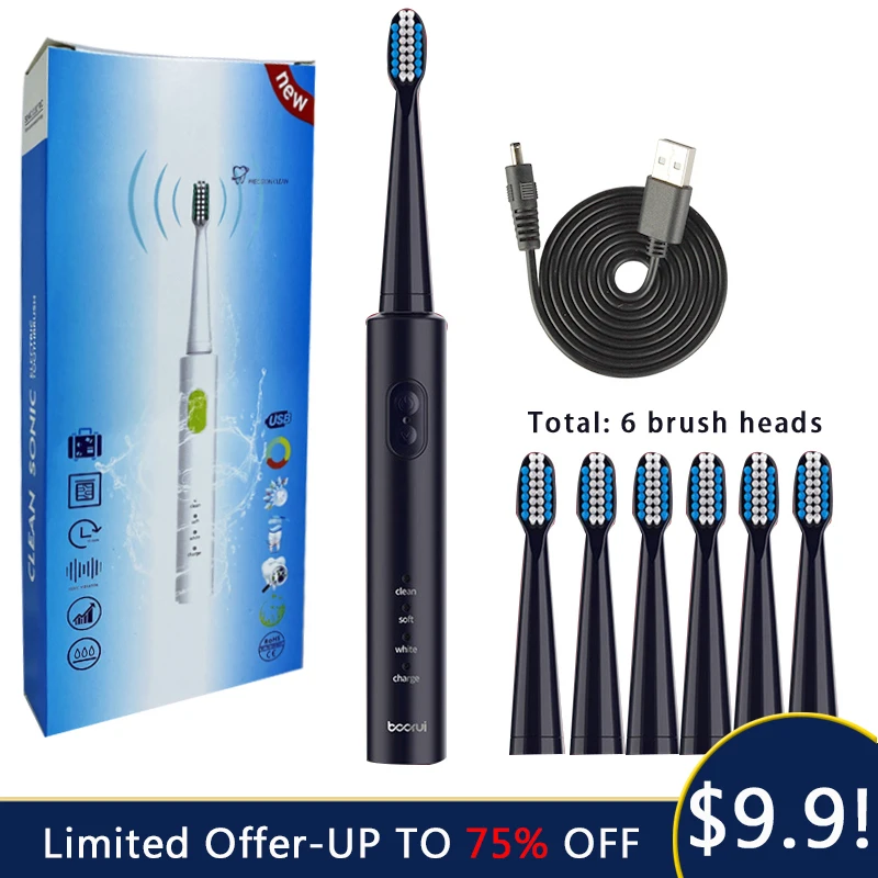 

Sonic Electric Toothbrush with 6 Brush Heads for Adults and Kids USB Charger Rechargeable One for 30 Days 3 Modes Oral Care