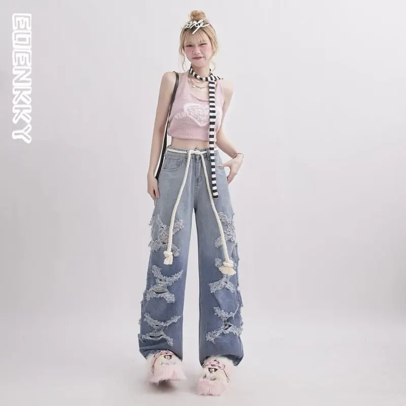 

Ripped Hole Design Jeans Women Harajuku Y2k Straight Pants Hip-hop High Street Trousers Gradient Wide Leg Casual Blue Jeans