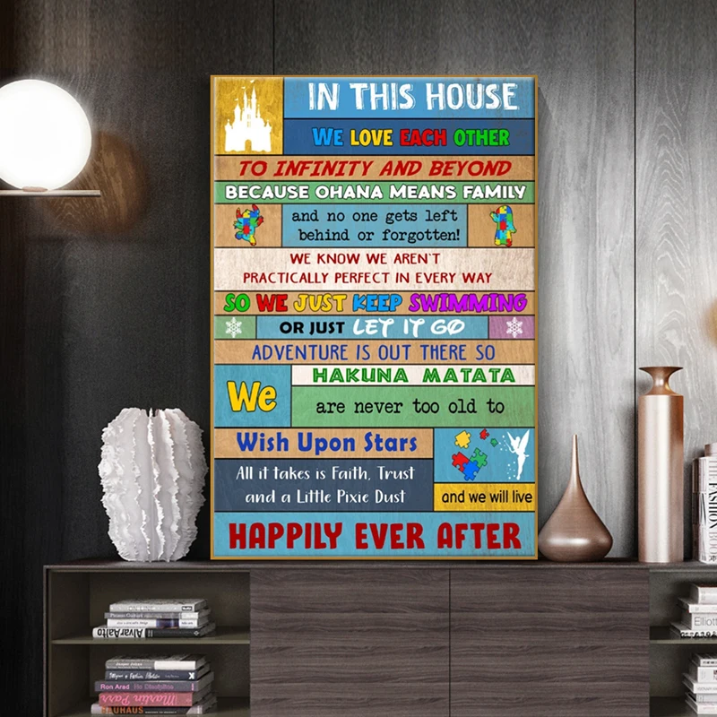 Картина на холсте «семейное правило» в этом доме, настенное искусство, персонализированное «мы любим друг друга», милые цитаты, плакат, мультфильм, Дисней, домашний декор