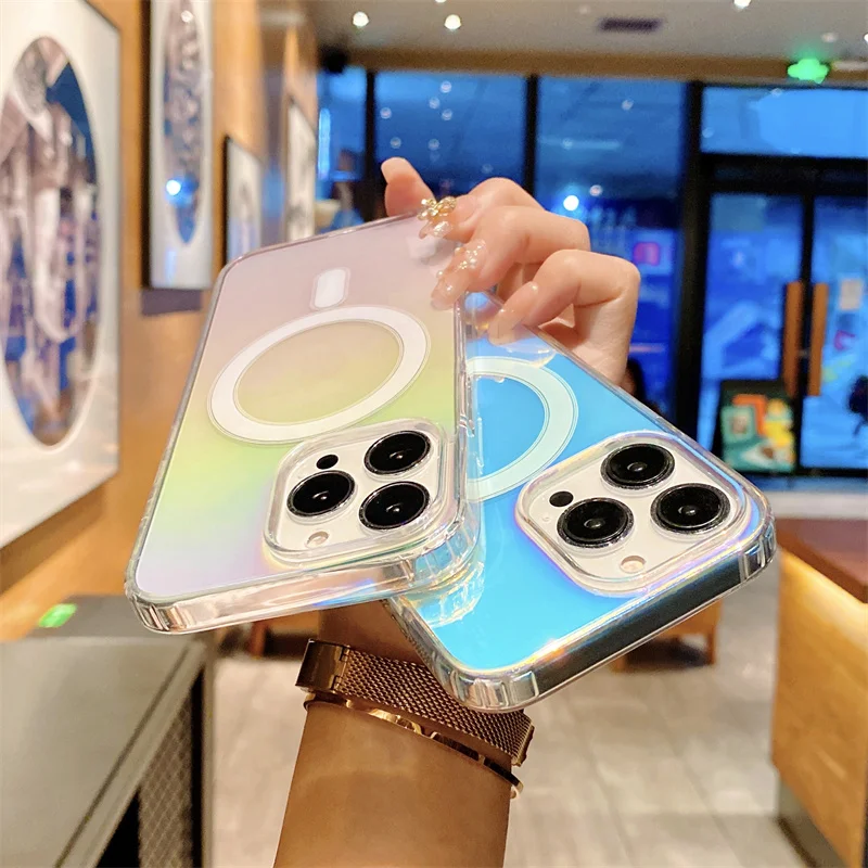 

For Magsafe Magnetic Case For iPhone 14 13 12 11 Pro Max Plus Luxury Gradient Laser Rainbow Wireless Charging Clear Hard Cover
