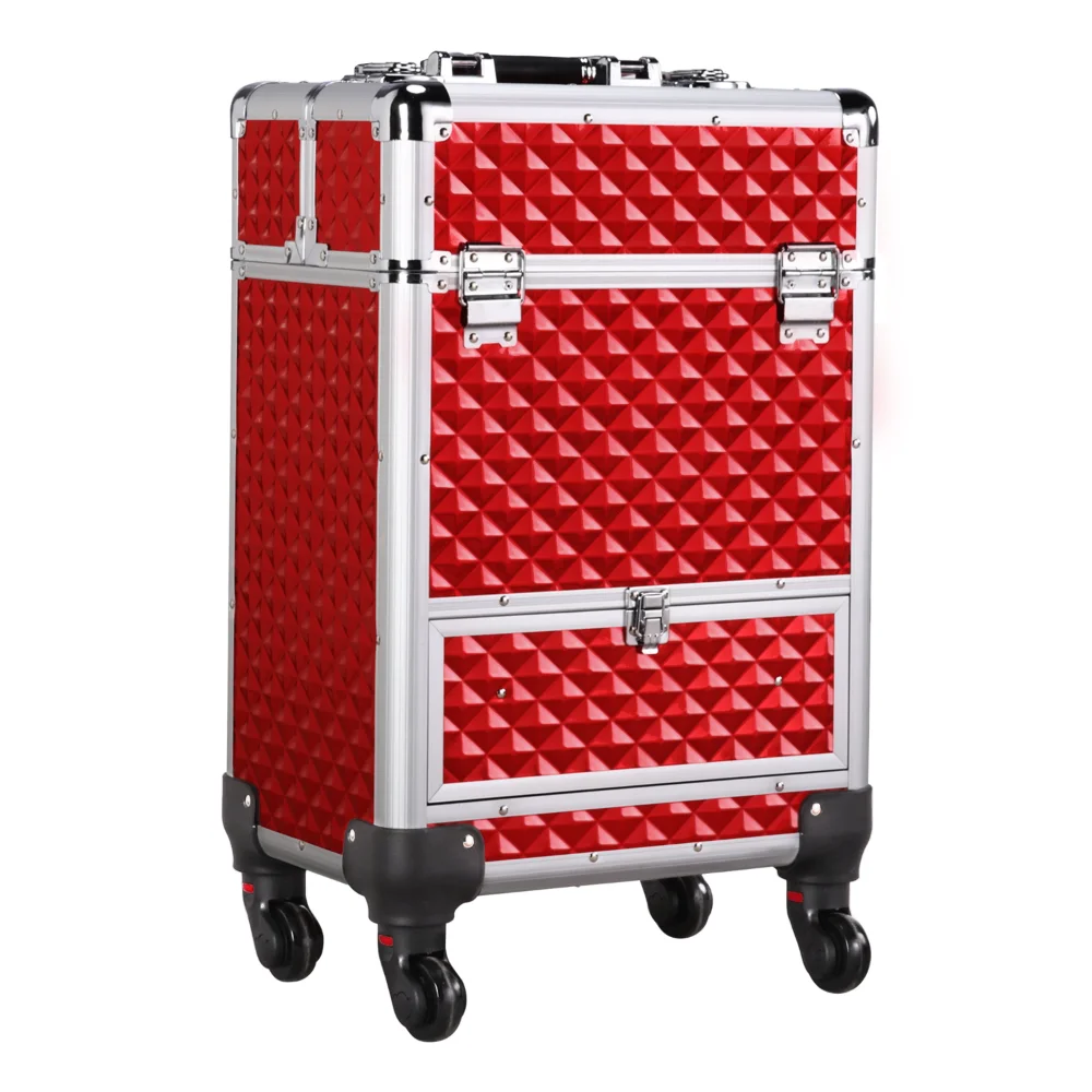 Professional Makeup Rolling Organizer, Red  Organizer Travel Professional Luggage Cosmetic Bag Portable Trolley