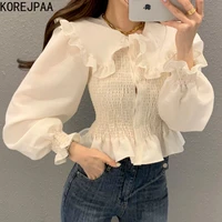 e girls elegant spring peter pan collar shirt puff sleeve cropped top ruched slim waist ruffles solid woman blouses 2022 new
