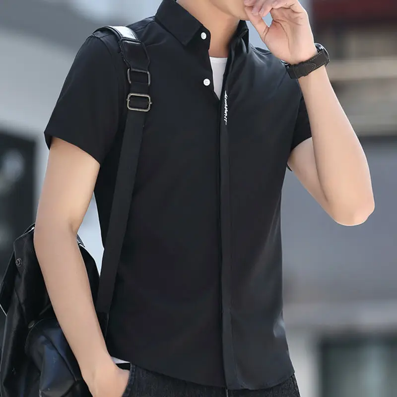 New Summer Short Sleeve Turndown Collar Office Work Wear Regular Fit Ice Silk Fabric Comfortable Business Men Casual Shirts E96