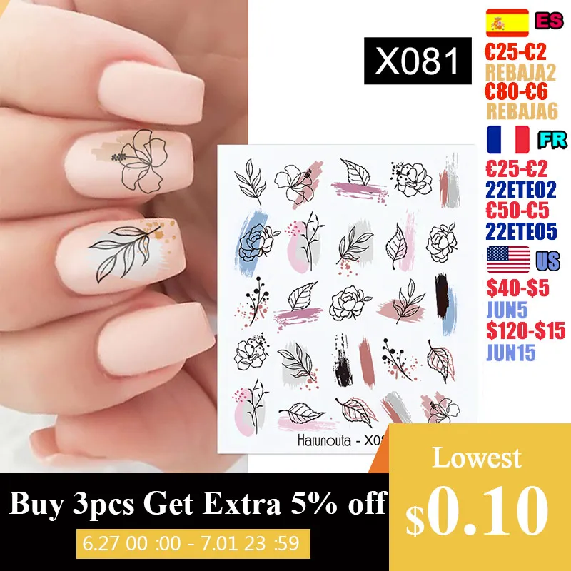 Harunouta Black Lines Flower Leaves Water Decals Stickers Floral Face Marble Pattern Slider For Nails Summer Nail Art Decoration