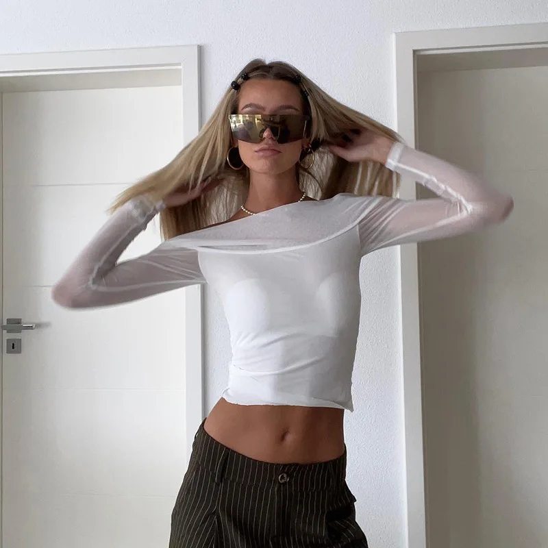 Женская прозрачная укороченная футболка с длинными рукавами
