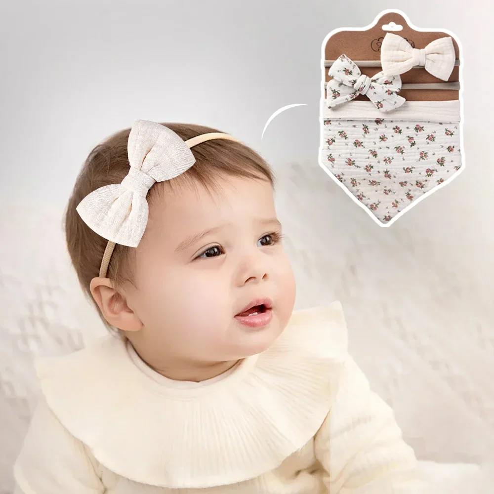 

3Pcs/Set baby Feeding Burp Cloth with Bow Headband Adjustable Muslin Cotton Baby Bib Button Triangle Saliva Towel