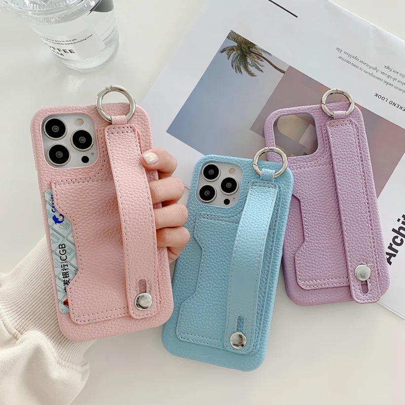 

Suitable for iPhone 15promax Lychee Pattern Mobile Phone Case 13 12 14 11 pro Card Wrist Strap Bracket Xsmax 8plus tective Cover
