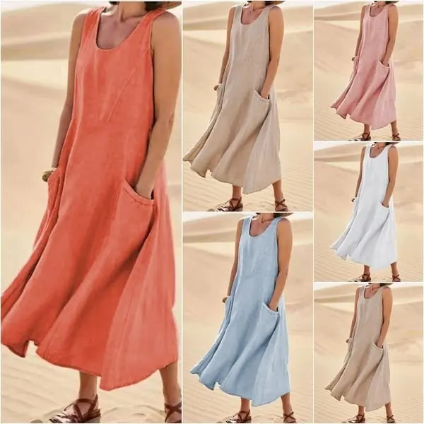 

Vintage Sleeveless Tank Dress Women Elegant Round Neck Solid Cotton Linen Vestidos Summer Casual Loose Pockets Long Dresses