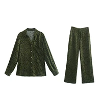 new green leopard print sleepwear womens pajama sets loose 2 pcs elastic high waist long sleeve casual pyjama women home suit