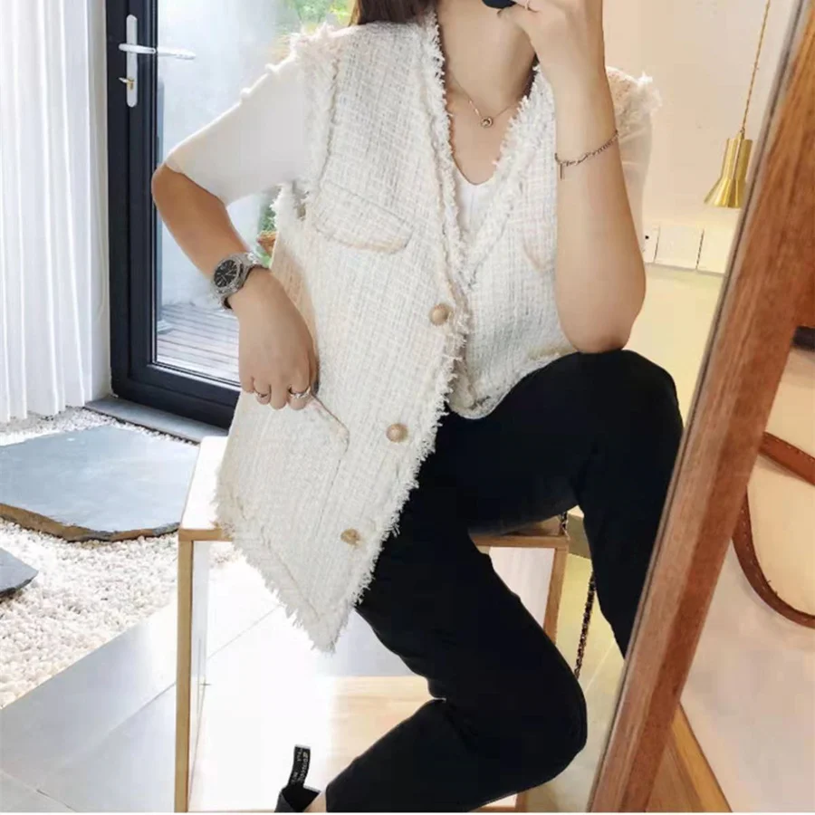 

Vintage Tweed Vest Pocket Women Jacket Gilet Blanc Sleeveless Vests Korean Style Button Waistcoat Chalecos Elegantes Para Mujer