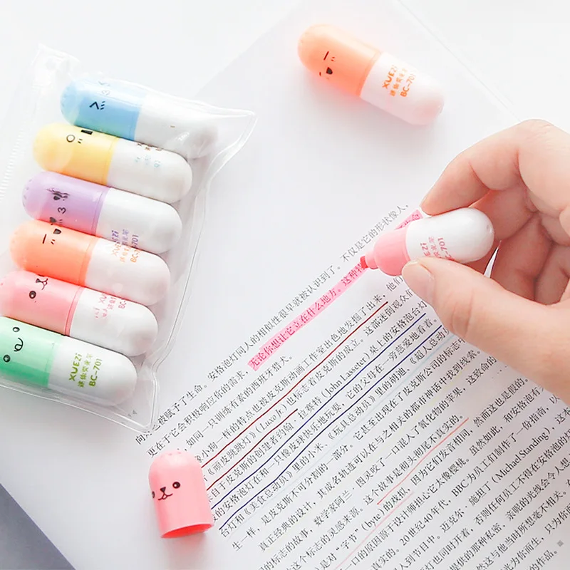 

6 Pcs/lot Capsules Highlighter Vitamin Pill Highlight Marker Color Pens Highlighters Kawaii Stationery Office School Supplies