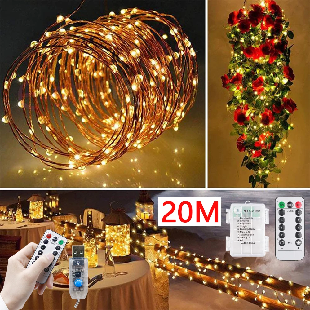 أضواء سلسلة جنية Led USB بطارية تعمل في الهواء الطلق مقاوم للماء عيد الميلاد جارلاند الأسلاك النحاسية لحفل زفاف ديكور غرفة المنزل