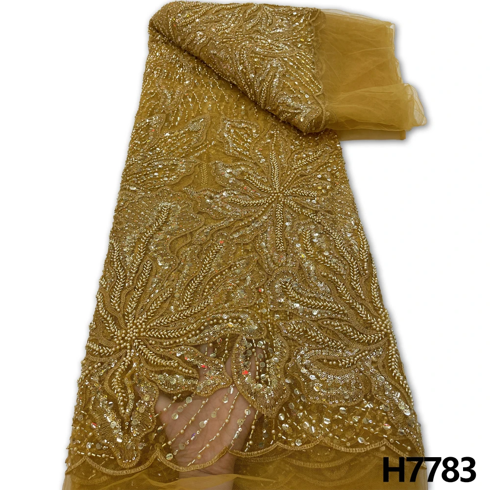 

Золотые тяжелые бусины Блестки кружевная ткань с бисером нигерийская 3D вышивка Сетка кружевная ткань для свадебного платья HX7783